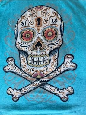 Like New Turquoise Sugar Skull Crossbones Graphic Tee